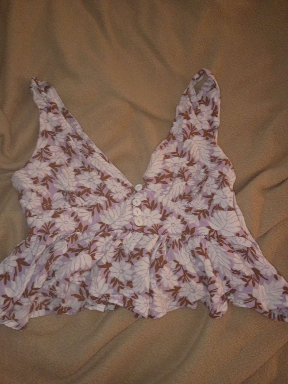 Floral V-Neck Peplum Tank Top in Lavender and Brown